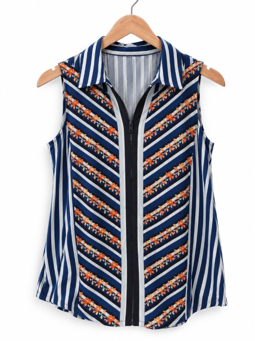 CAbi Navy Black Striped Chevron Orange Floral Sleeveless Zip-Front Blouse Top